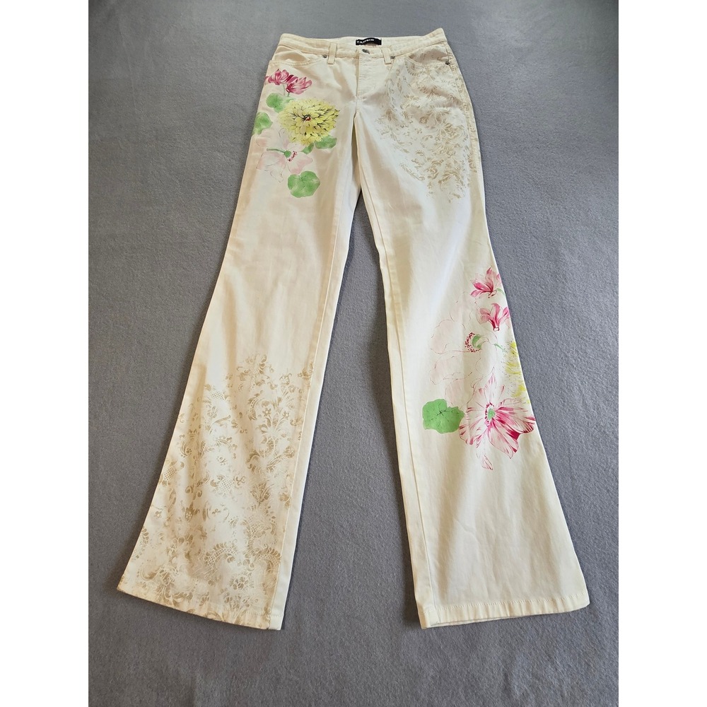 Cambio Jeans Womens 10 Cream Floral Damask Print Wide Leg Mid Rise Polish Denim